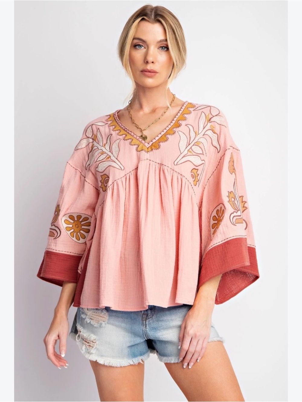 easel Pink Embroidered Boho Tunic with Rust Trim
